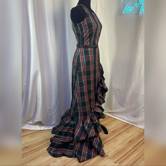 NWT Boston Proper Tartan Plaid Sleeveless High Neck Taffeta Ruffle Gown - Picture 5 of 12